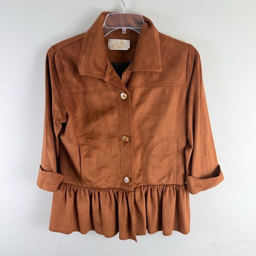 Vintage Sally of California M Sueded Peplum Jacket Brown Ruffle Hem Boho Western